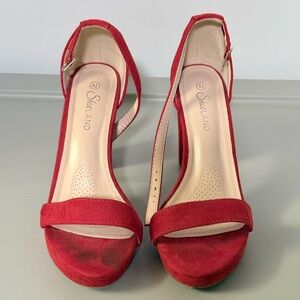 Red Block Heel Ankle Strap Sandals – Size 8.5 – Shoeland – Suede Look